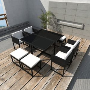 Pearl Rattan 9 Piece Outdoor Dining Set with Cushions In Black | Bed Sava