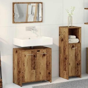 Pecos Wooden 3 Piece Bathroom Furniture With Mirror In Brown Oak | Bed Sava