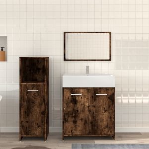 Pecos Wooden 3 Piece Bathroom Furniture With Mirror In Smoked Oak | Bed Sava