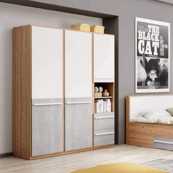 Peoria Wooden Wardrobe With 3 Doors In Matt White And Concrete | Bed Sava