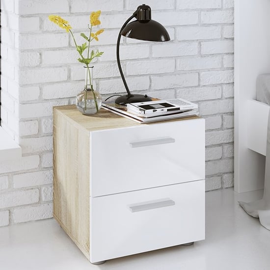 Perkin Wooden Bedside Cabinet With 2 Drawers In Oak White Gloss