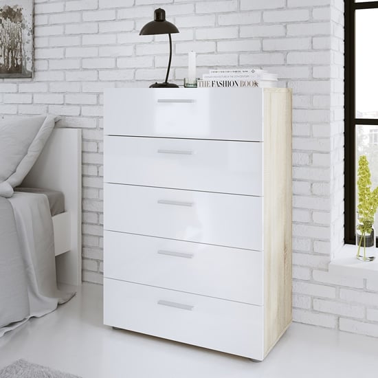Perkin High Gloss Chest Of 5 Drawers In Oak And White