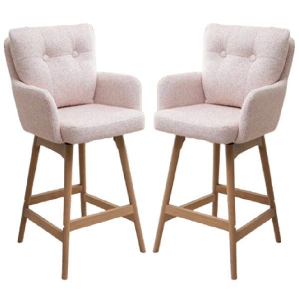 Petaluma Blush Pink Fabric Bar Chairs With Oak Legs In Pair | Bed Sava