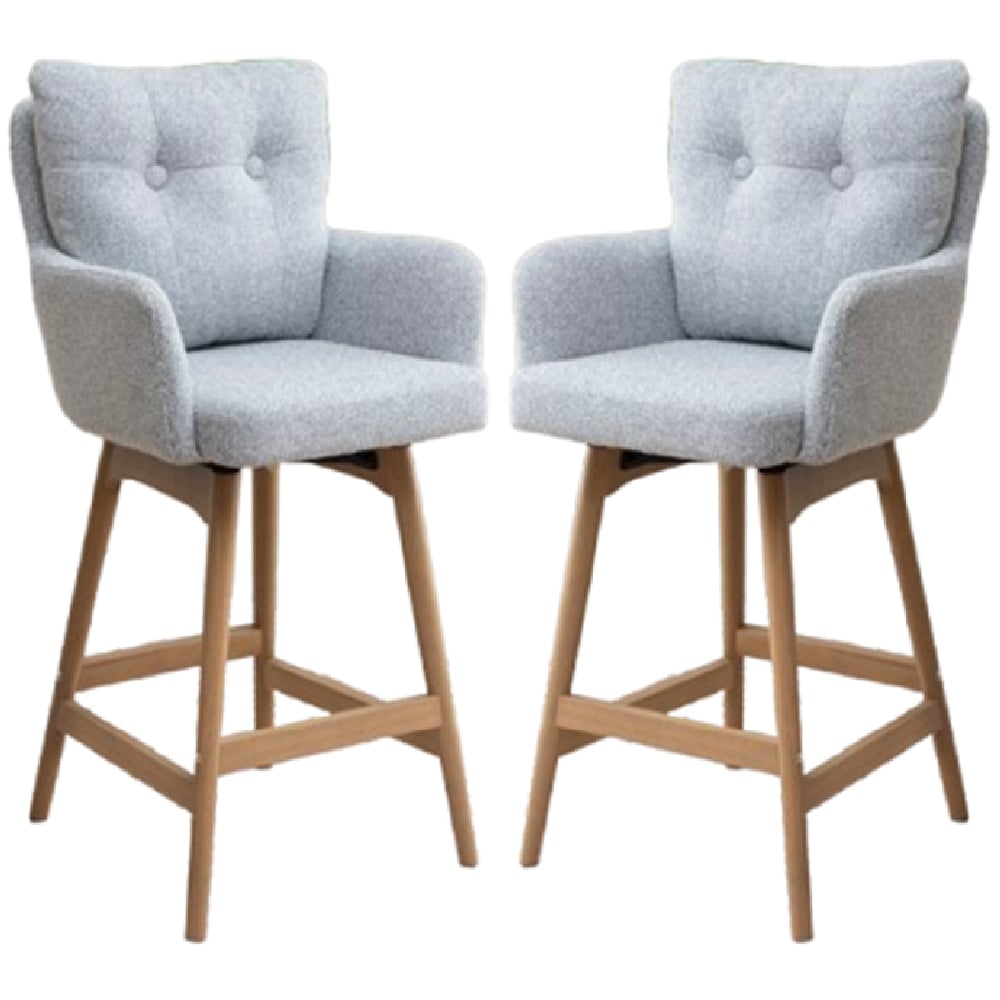 Petaluma Silver Grey Fabric Bar Chairs With Oak Legs In Pair