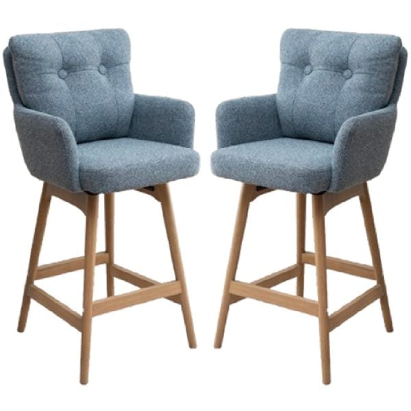Petaluma Storm Teal Fabric Bar Chairs With Oak Legs In Pair | Bed Sava