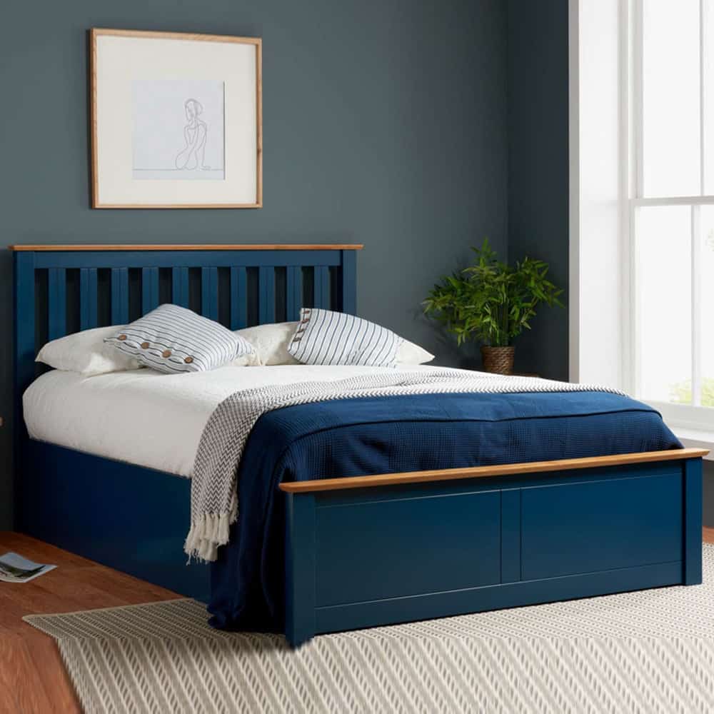 Phoney Wooden Ottoman Storage Small Double Bed In Navy Blue