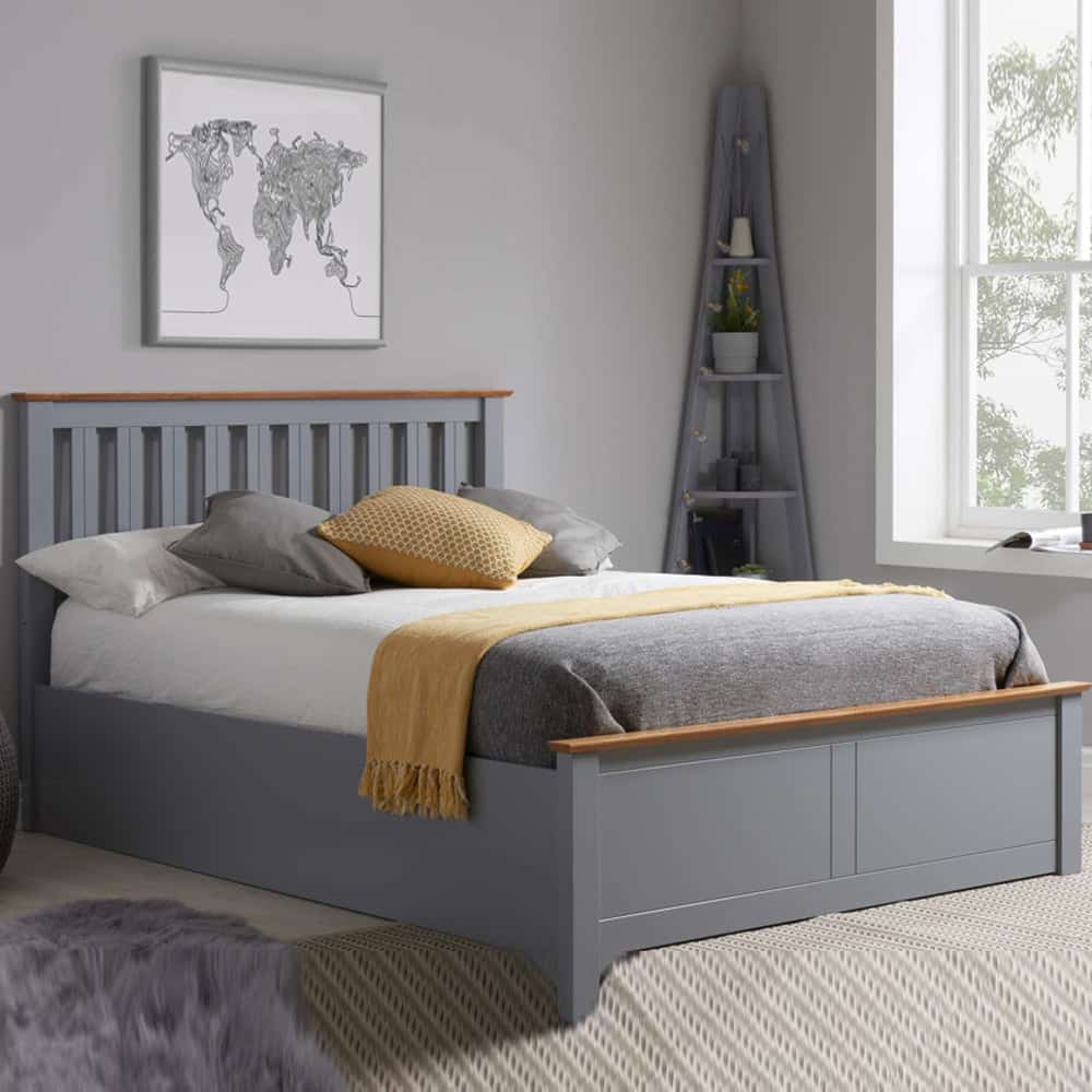 Phoney Wooden Ottoman Storage Small Double Bed In Stone Grey