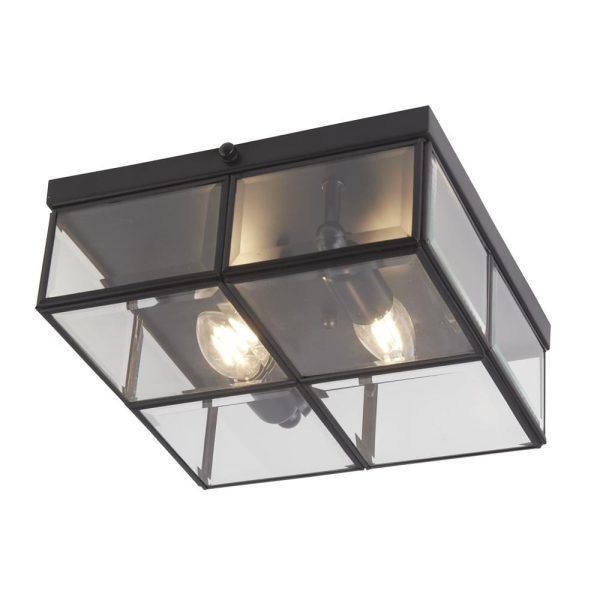 Pisa 2 Light Clear Bevelled Glass Shade Flush Light In Black | Bed Sava
