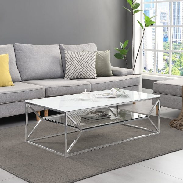 Pocatello White Marble Effect Glass Coffee Table With Chrome Frame | Bed Sava