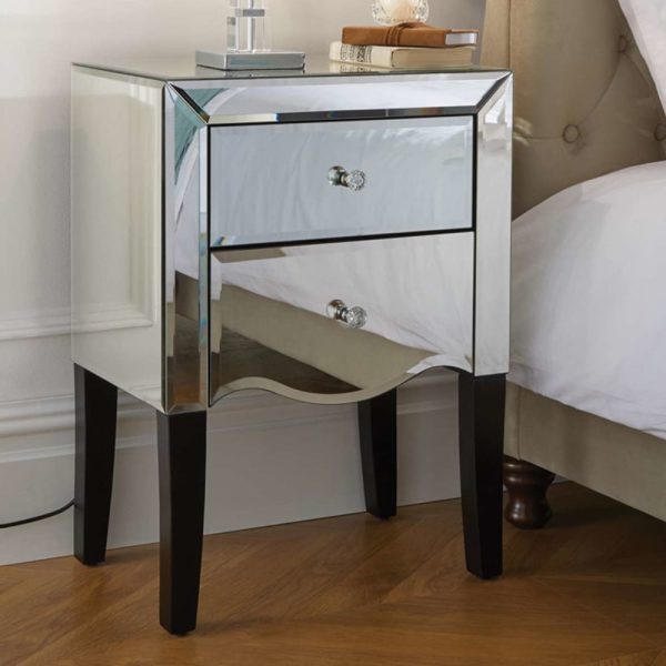 Polearm Mirrored Bedside Cabinet With 2 Drawers In Silver | Bed Sava