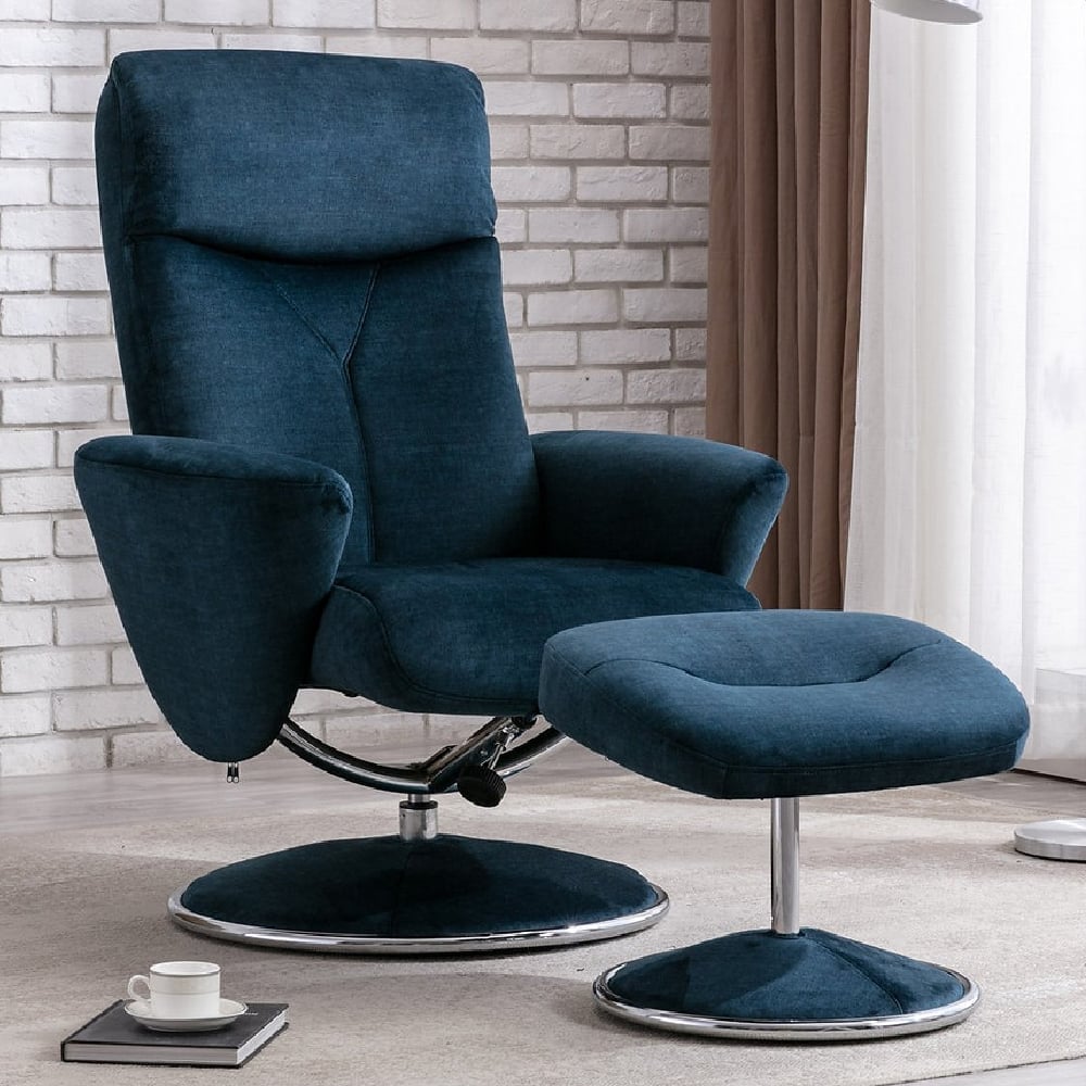 Poznan Fabric Recliner Chair With Stool In Deep Sea
