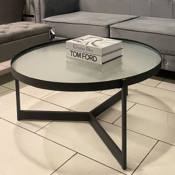 Prague Ribbed Glass Coffee Table With Black Metal Frame | Bed Sava