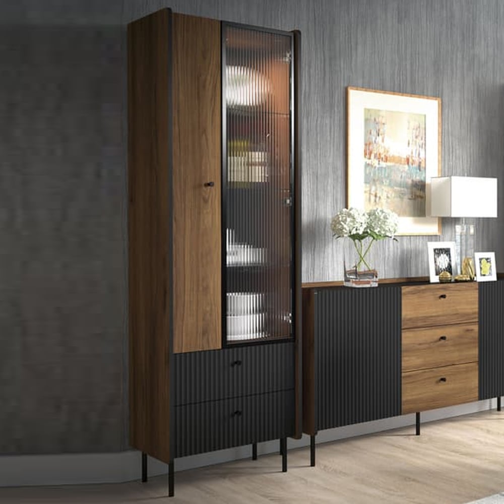 Preston Tall Wooden Display Cabinet With 2 Doors In Oak Walnut