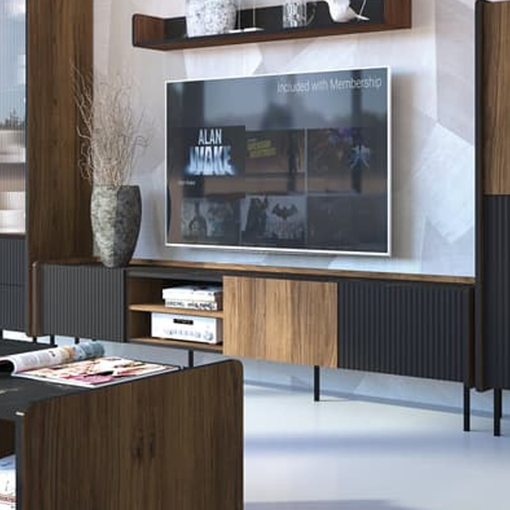 Preston Wooden TV Stand With 3 Doors In Oak Walnut