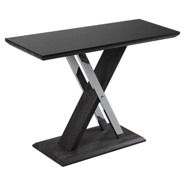 Prisca Black Glass Console Table With Wooden And Chrome Base | Bed Sava