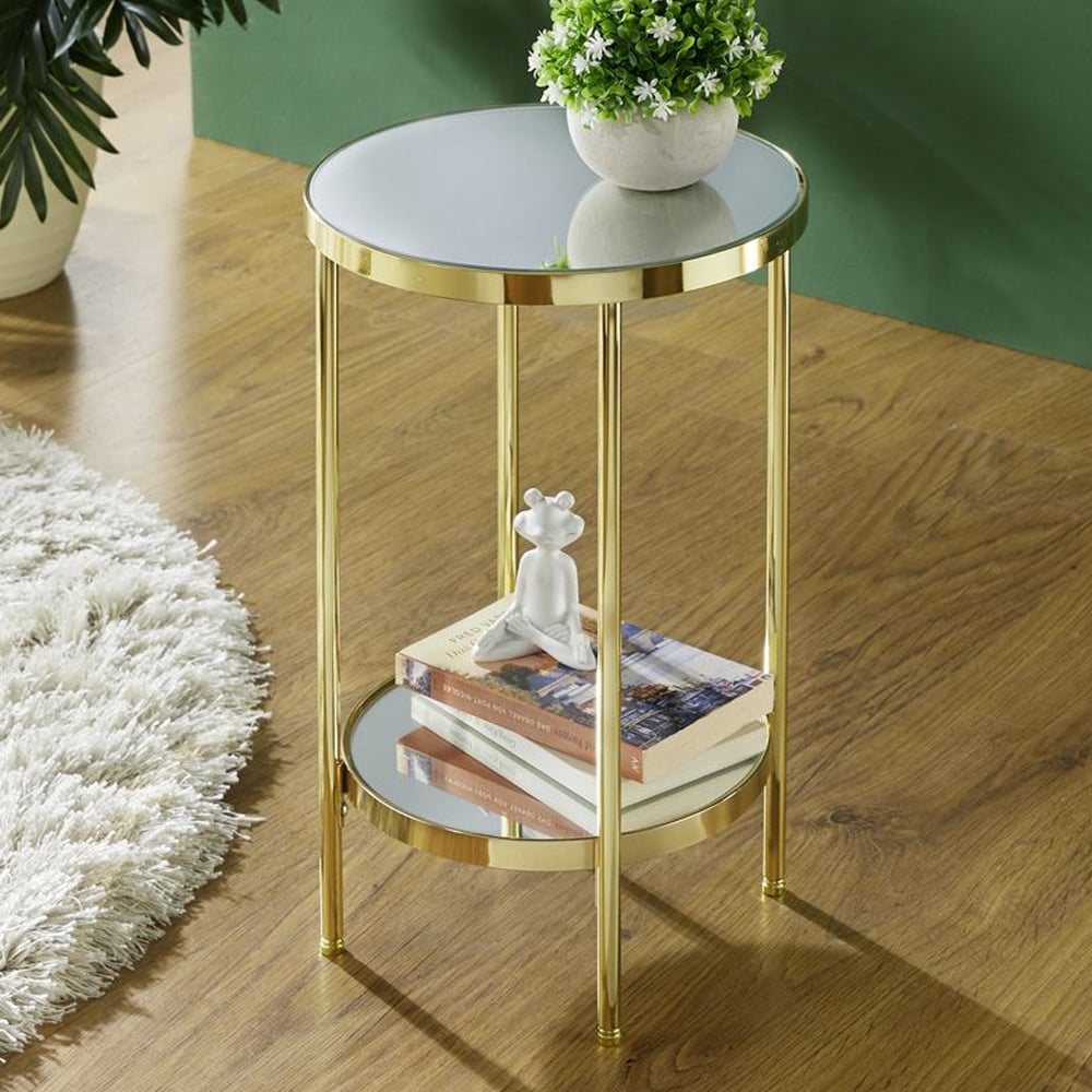 Pulaski Small Mirrored Round End Table With Brass Frame