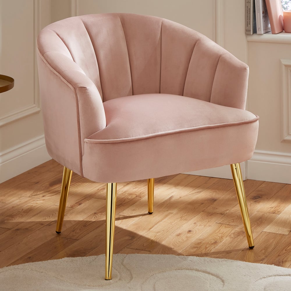 Pulford Velvet Accent Chair With Gold Legs In Blush Pink