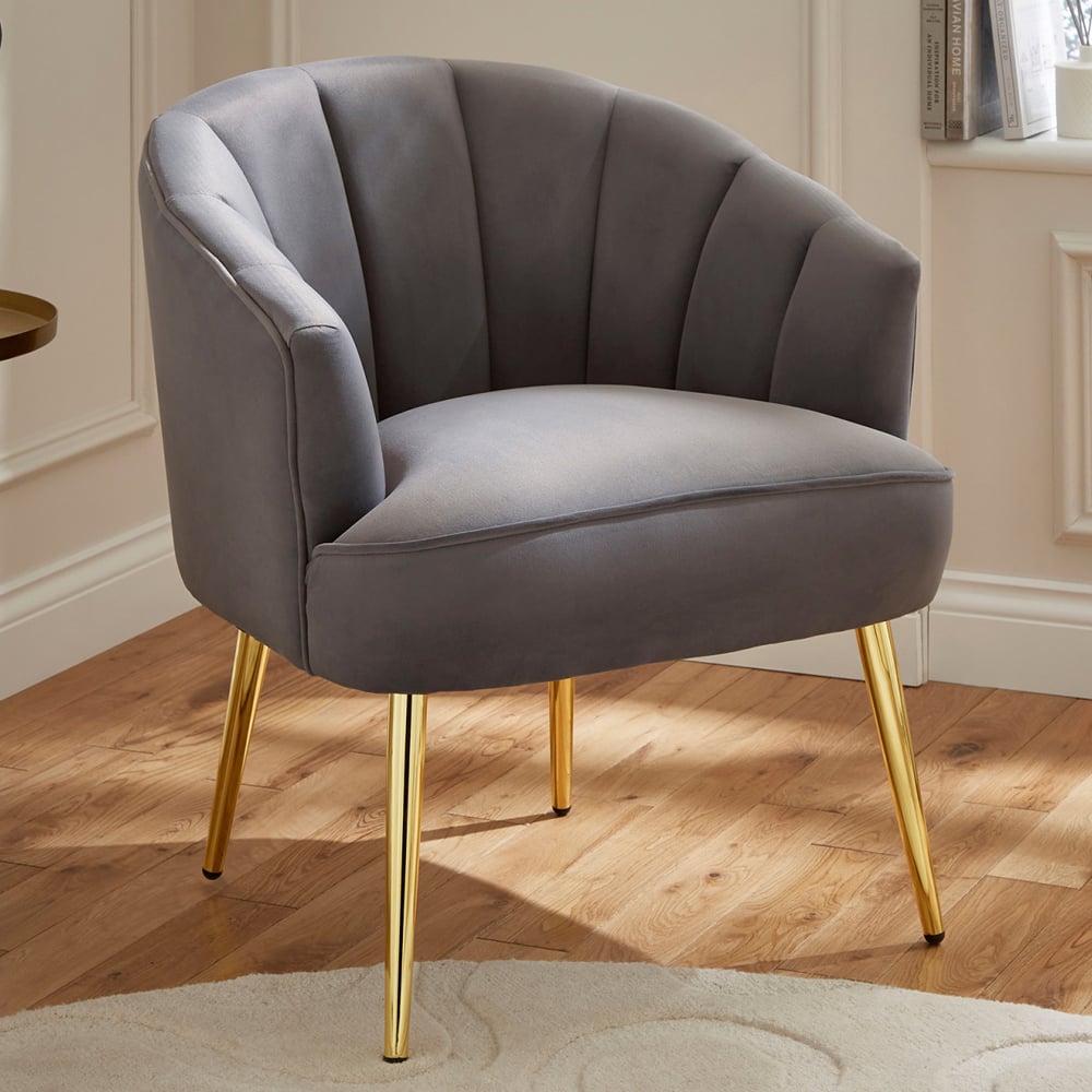 Pulford Velvet Accent Chair With Gold Legs In Grey