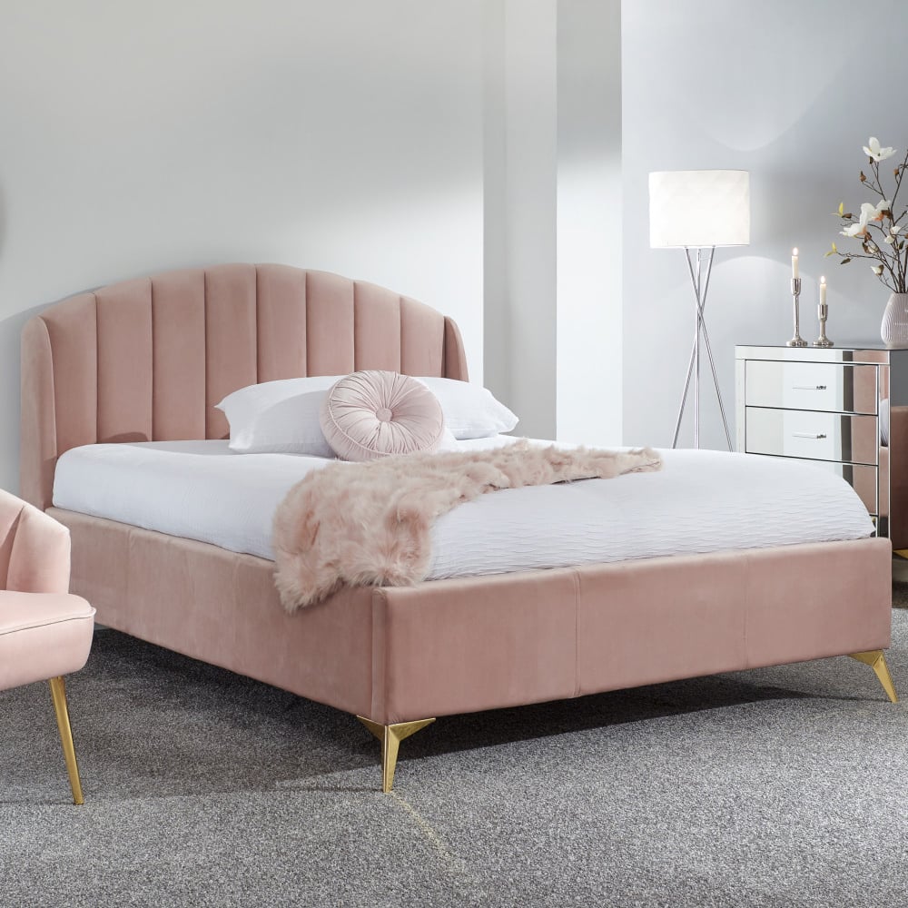Pulford Velvet Ottoman Storage King Size Bed In Blush Pink