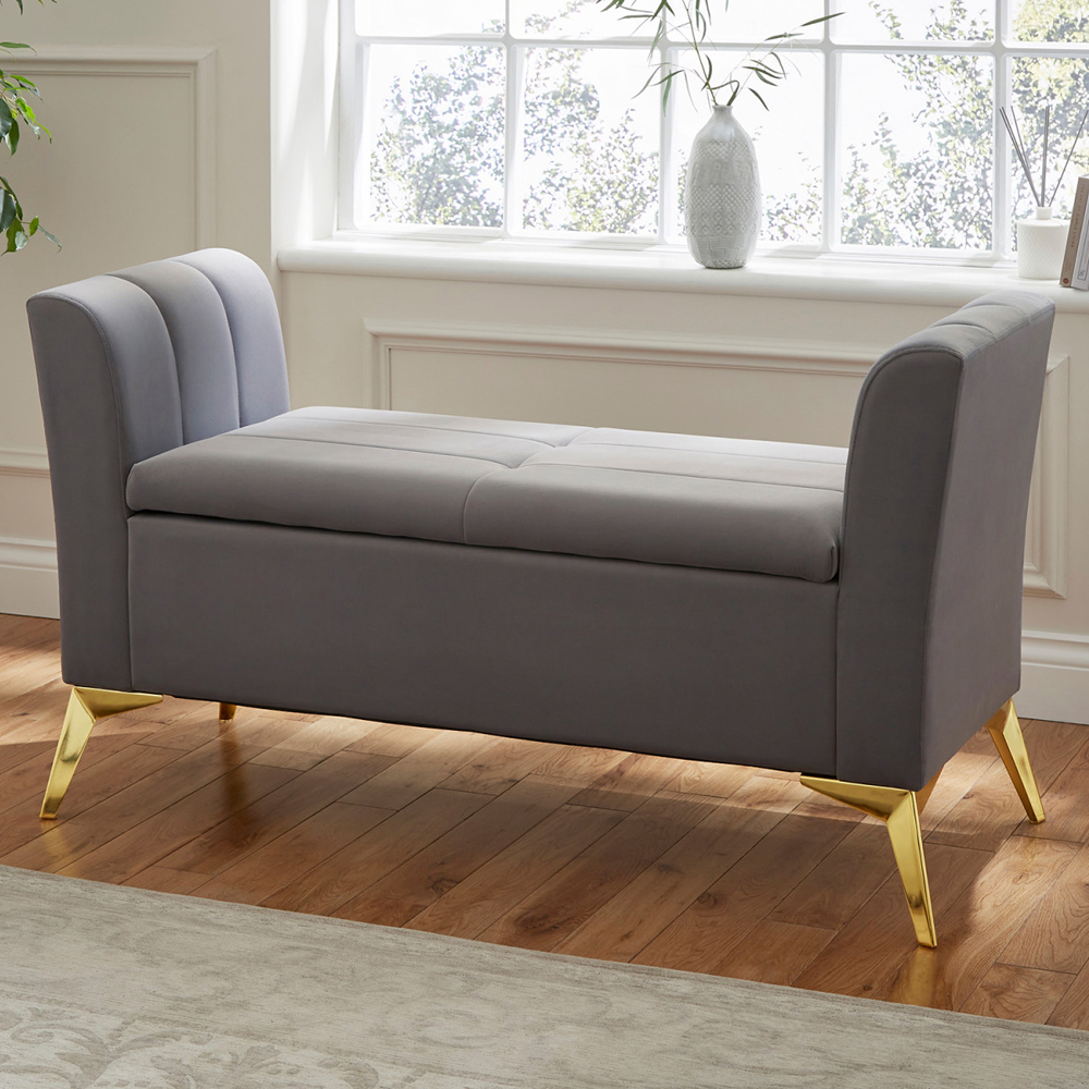 Pulford Velvet Storage Ottoman In Grey