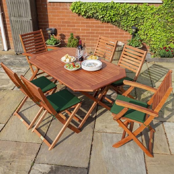 Putey Wooden Garden Dining Set With Green Cushions In Honey Brown | Bed Sava