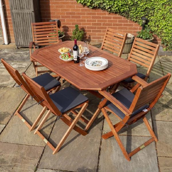 Putey Wooden Garden Dining Set With Grey Cushions In Honey Brown | Bed Sava