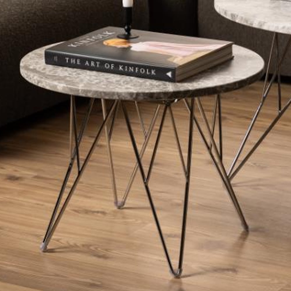 Putnam Marble Side Table With Chrome Legs In Grey Brown