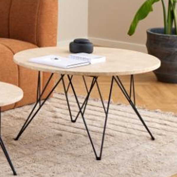 Putnam Wooden Coffee Table With Black Legs In Beige Travertine | Bed Sava
