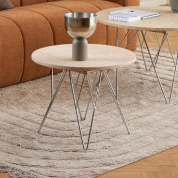 Putnam Wooden Side Table With Chrome Legs In Beige Travertine | Bed Sava