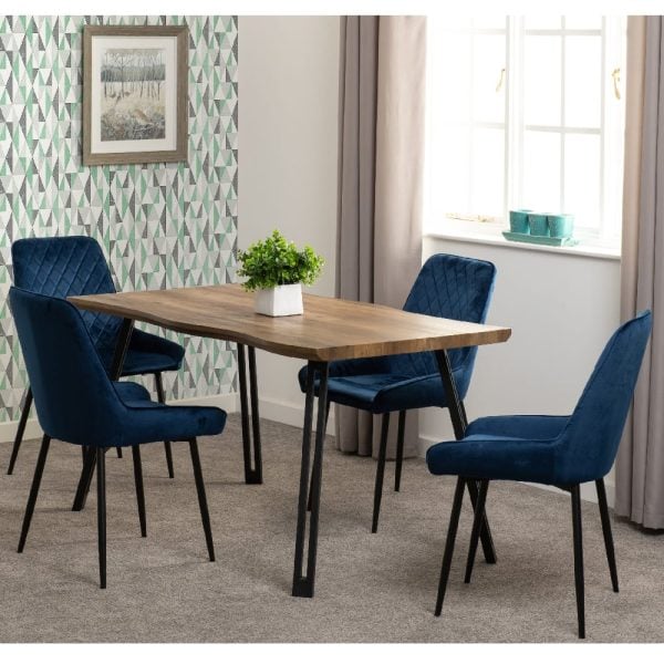Qinson Wave Edge Wooden Dining Table With 4 Avah Blue Chairs | Bed Sava