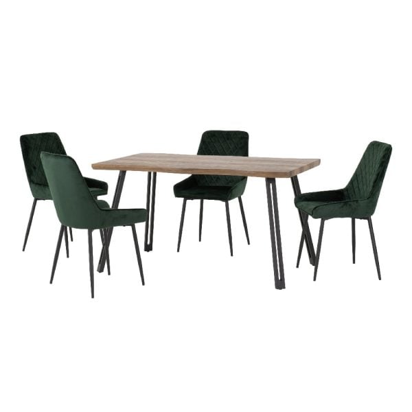Qinson Wave Edge Wooden Dining Table With 4 Avah Green Chairs | Bed Sava