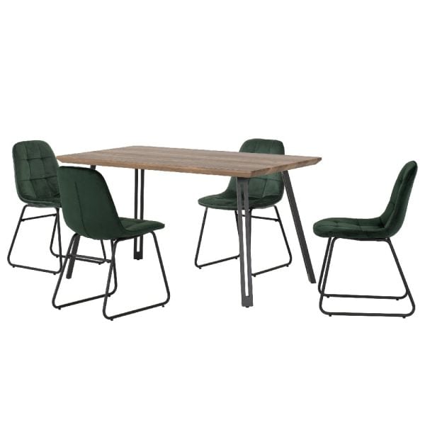Qinson Oak Wooden Dining Table With 4 Lyster Green Chairs | Bed Sava
