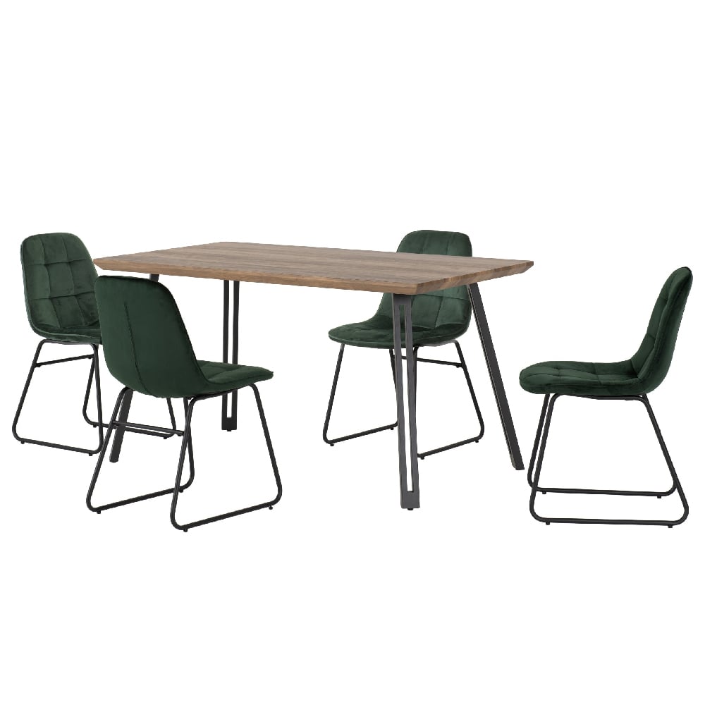 Qinson Oak Wooden Dining Table With 4 Lyster Green Chairs