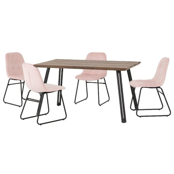 Qinson Oak Wooden Dining Table With 4 Lyster Pink Chairs | Bed Sava