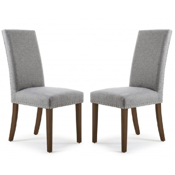 Rabat Silver Grey Fabric Dining Chairs With Walnut Legs In Pair | Bed Sava