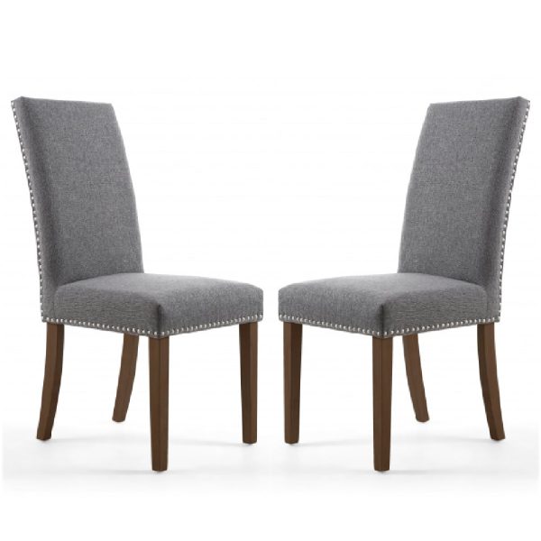 Rabat Steel Grey Fabric Dining Chairs With Walnut Legs In Pair | Bed Sava