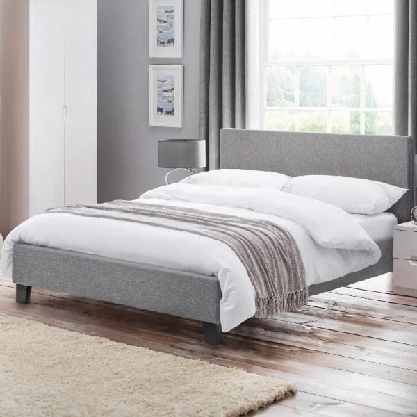 Rafiya Fabric Small Double Bed In Light Grey | Bed Sava