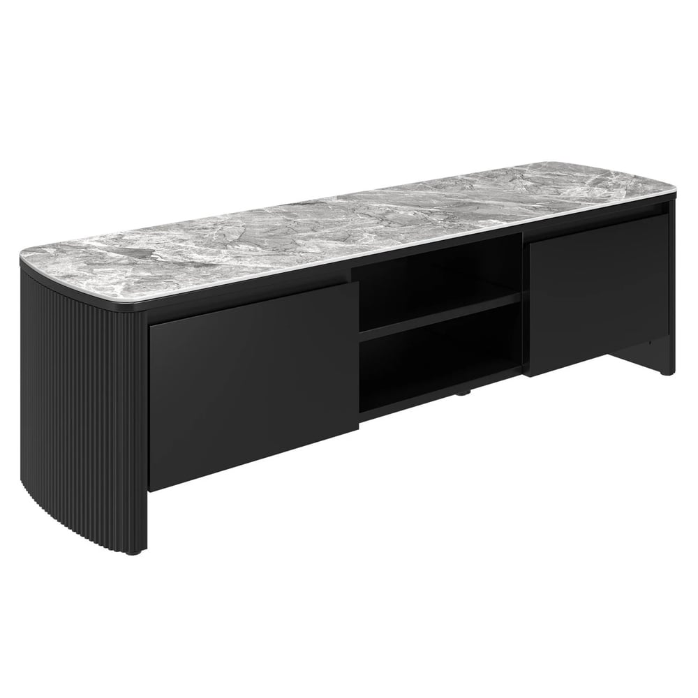 Ramona Grey Gloss Ceramic Top TV Stand With Wooden Base