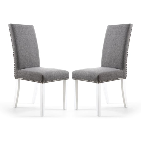 Rabat Steel Grey Fabric Dining Chairs With White Legs In Pair