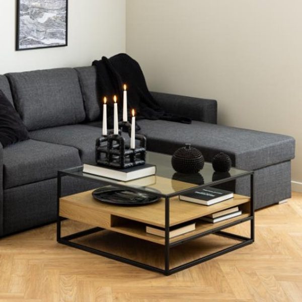 Rattvik Clear Glass Coffee Table In Matt Wild Oak | Bed Sava