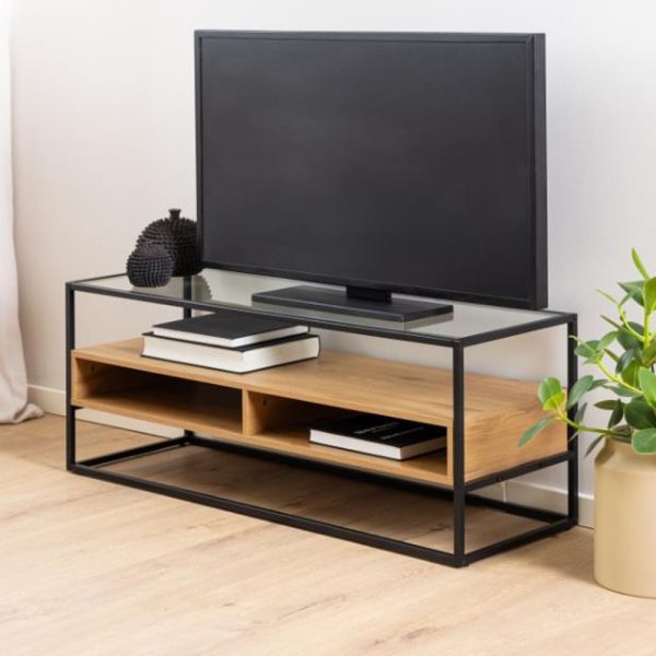 Rattvik Clear Glass TV Stand With 2 Shelves In Matt Wild Oak | Bed Sava