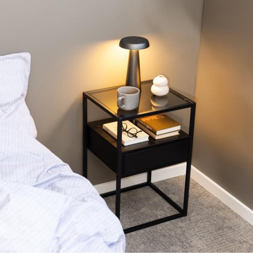 Rattvik Smoked Glass Bedside Cabinet With 1 Drawer In Ash Black