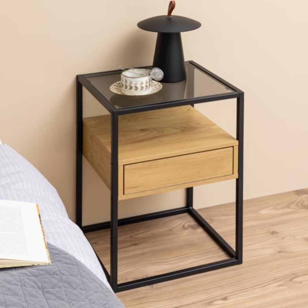 Rattvik Smoked Glass Bedside Cabinet With 1 Drawer In Matt Wild Oak