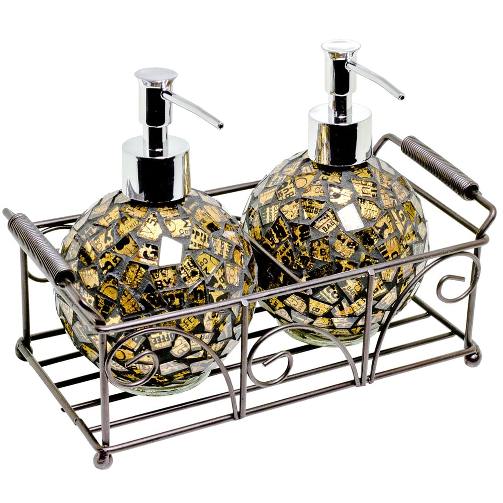 Ravello Pair Of Mosiac Glass Soap Dispenser In Gold With Basket