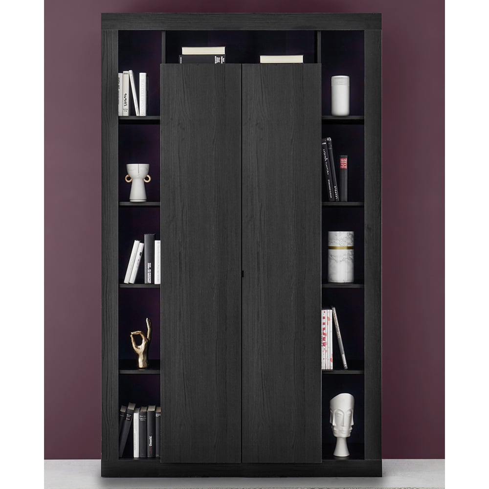 Raya Wooden Bookcase With 2 Doors In Black Oak