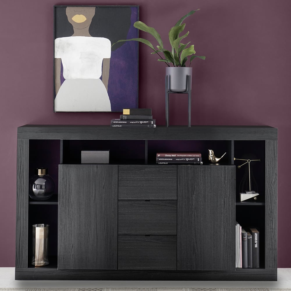 Raya Wooden Sideboard With 2 Doors 3 Drawers In Black Oak