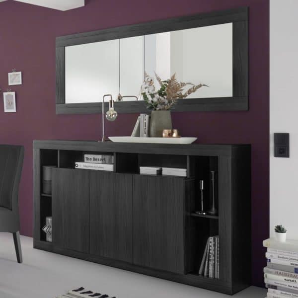Raya Wooden Sideboard With 3 Doors And Mirror In Black Oak | Bed Sava