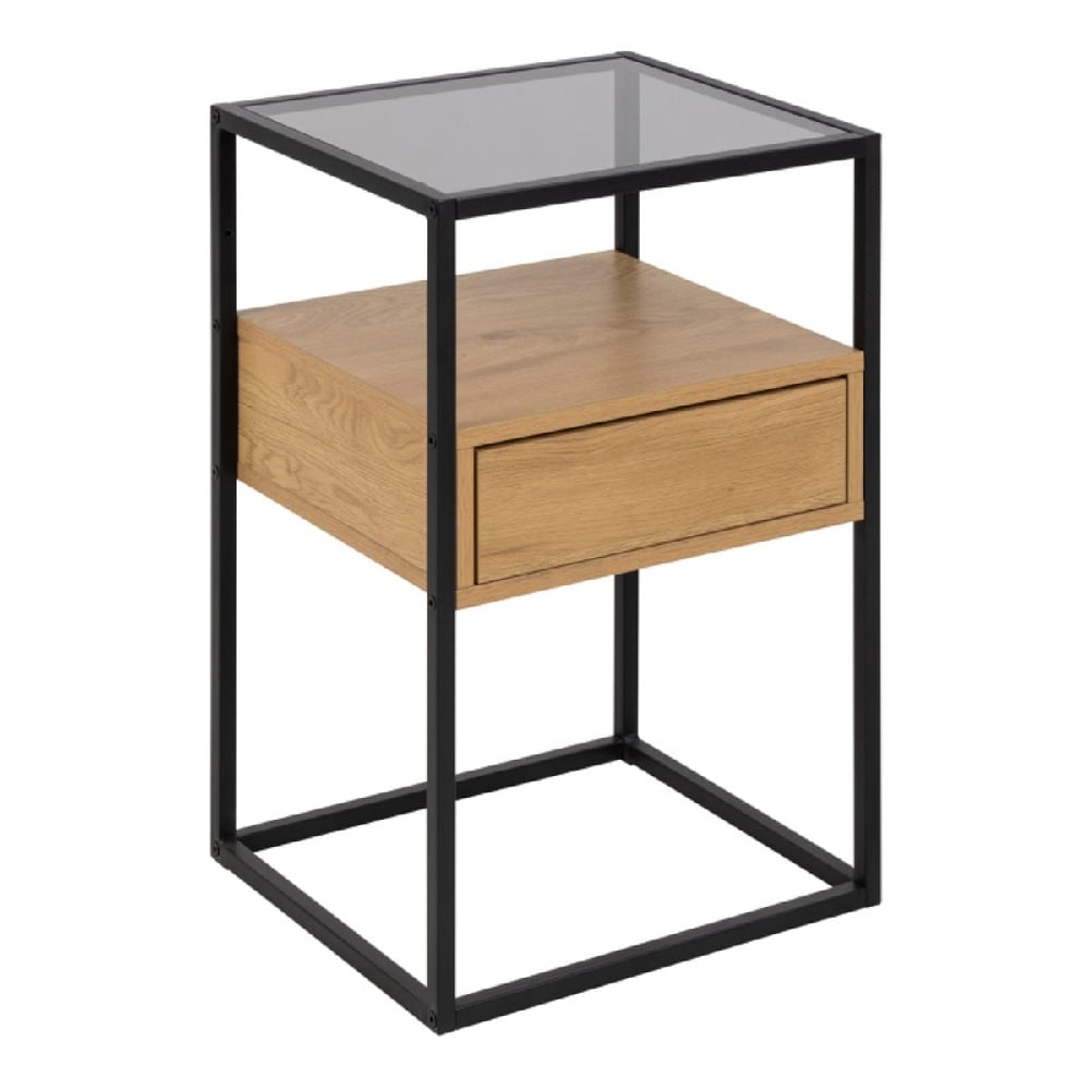 Regina Wooden Bedside Cabinet With Black Metal Frame In Oak