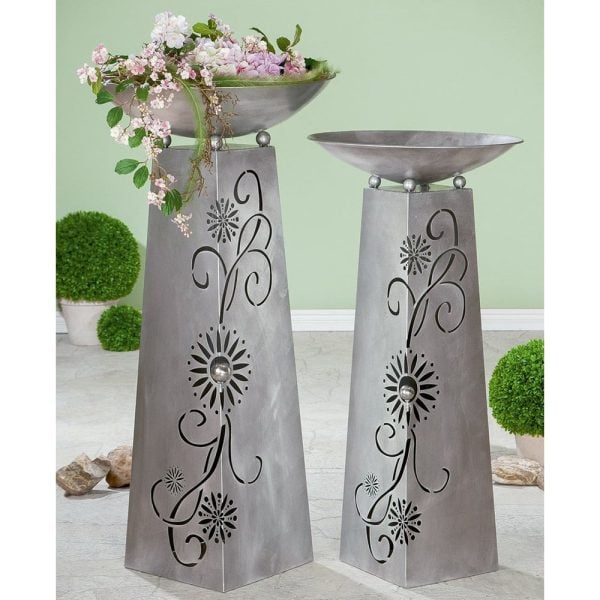 Renee Metal Set Of 2 Floral Design Bowl Stand In Silver | Bed Sava
