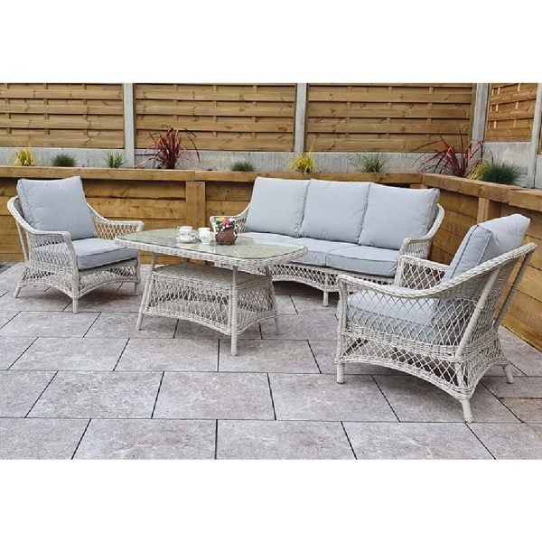 Renton Rattan Garden Sofa Seating Set With Coffee Table In white | Bed Sava